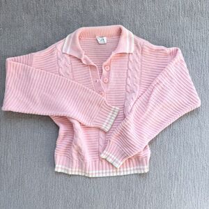 Vintage 1980s TJW Mervyns Pink Polo Sweater Cable Knit Ribbed Long Sleeve
